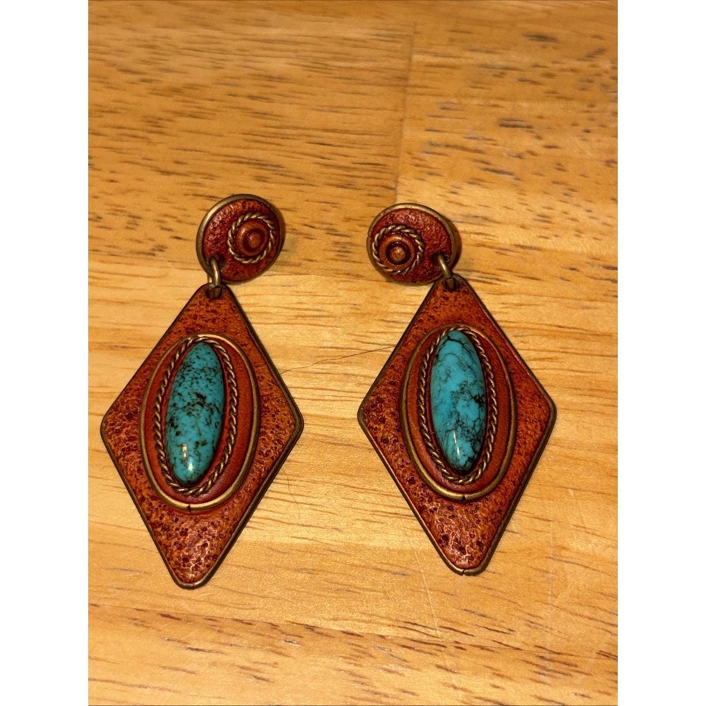 Rare Southwest Style Faux Turquoise Leather Look Dangle Vintage Pierced Earrings